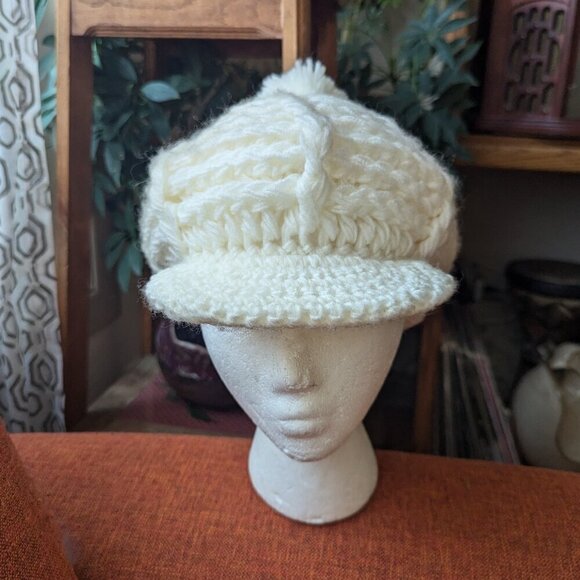 Vintage Fiddler Newsboy Pageboy Knit Hat Cadet Brim Pom Pom Boho - Picture 3 of 8